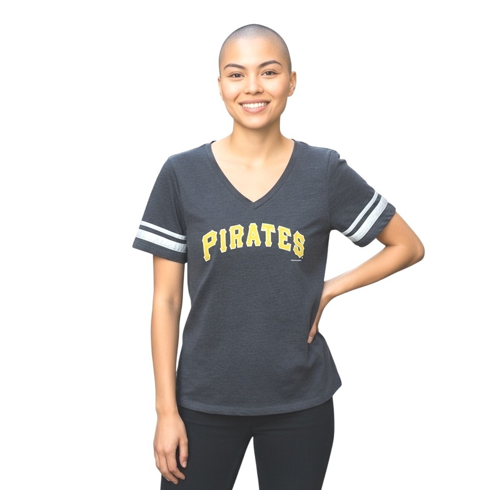 5th & Ocean MLB Pirates Womens‎ Tee M Gray Striped Graphic Shirt Y2K Streetwear